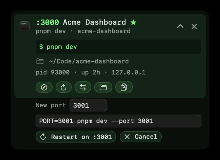 An expanded Portmole row for :3000 Acme Dashboard with the new port set to 3001, the rewritten command PORT=3001 pnpm dev --port 3001, and a Restart on :3001 button.