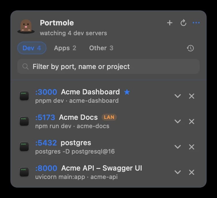 Portmole in the native macOS theme, with Acme Docs on :5173 marked by an orange LAN badge because it is reachable from the network.