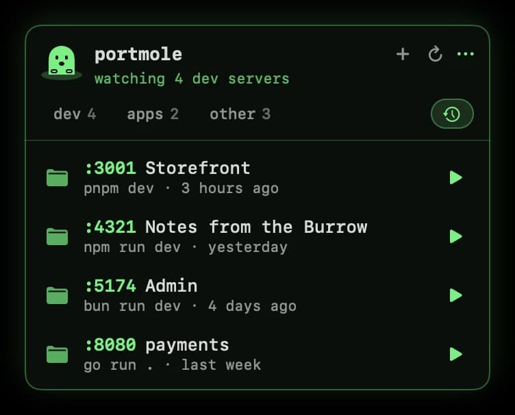 Portmole's Recent tab listing four stopped projects (Storefront, Notes from the Burrow, Admin and payments) with their ports, start commands and when they last ran, each with a play button to start it again.