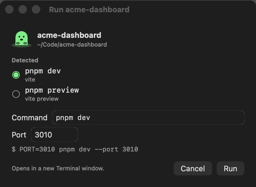 Portmole's Run dialog for ~/Code/acme-dashboard: it detected pnpm dev and pnpm preview, with port 3010 turning the command into PORT=3010 pnpm dev --port 3010, and opens in a new Terminal window.
